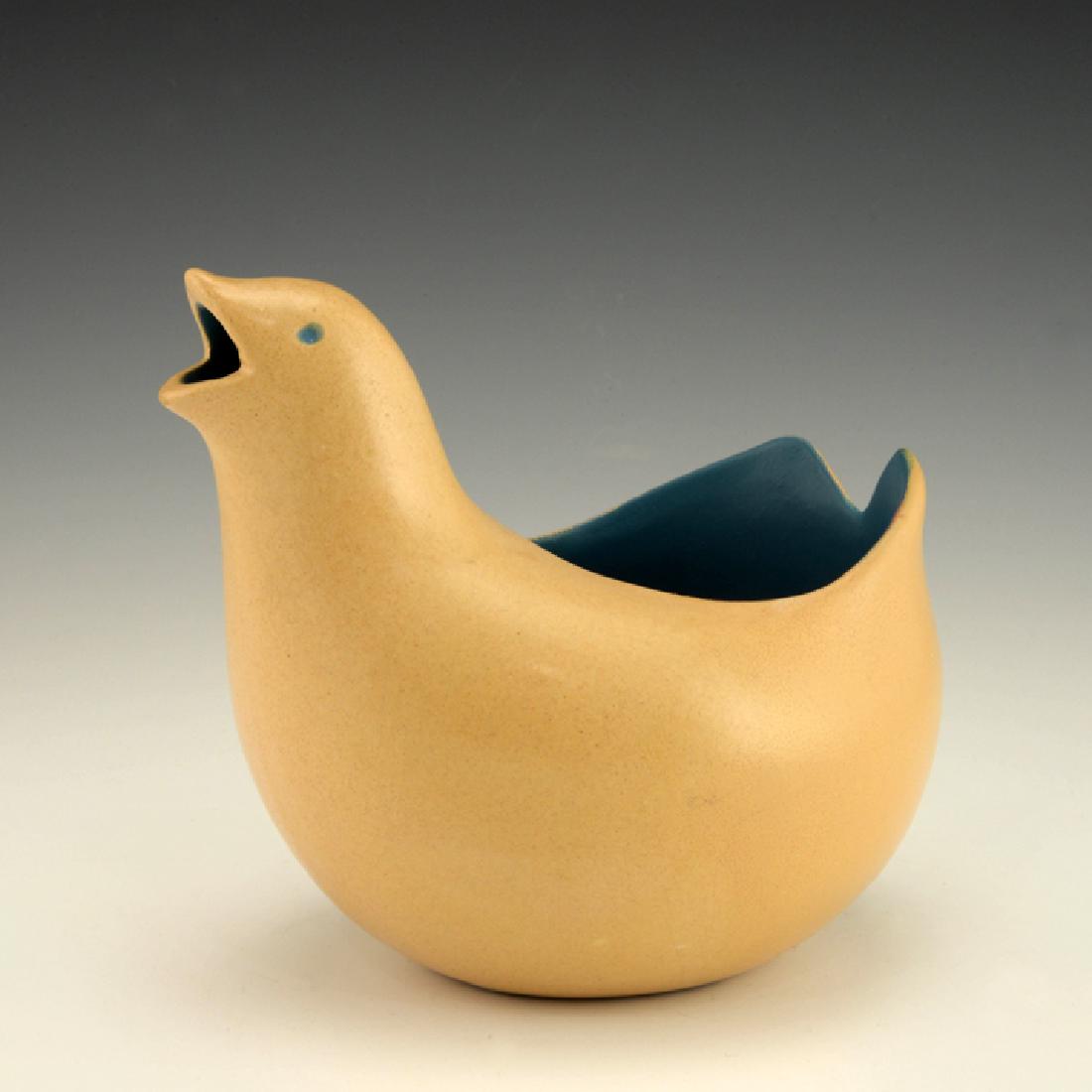 Rare Zeisel Hollydale Bird-Form Creamer: Eva Zeisel, a rare bird-form Creamer from the Eva Zeisel Fine Stoneware/Hi-Fi Stoneware, Hollydale Pottery, South Gate, California, 1957. Exterior in Natural Terracotta, interior and eyes in Bright Bl