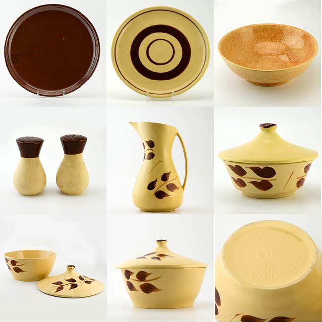 8 Eva Zeisel Watt Pottery Items: Eva Zeisel, a Plate, Side Plate, a Salt and Pepper Shaker, a Fruit or Salad Serving Bowl, a ribbon-handled Pitcher, a covered Tureen, and a covered Bowl from the South Mountain Stoneware line incorpor