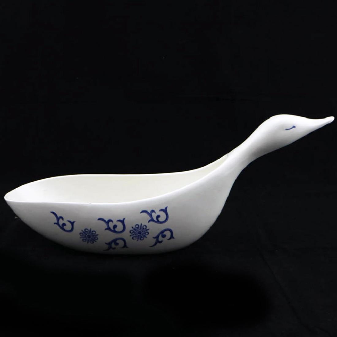 Zeisel Schmid Stratford Bird-Form Veg Dish: Eva Zeisel, Bird-form Vegetable Dish, Stratford pattern decoration, Schmid Ironstone, NKT Schmid, Matto City, Japan, 1964. Ironstone with matte glaze. Standard black mark on underside of Bowl. Height: