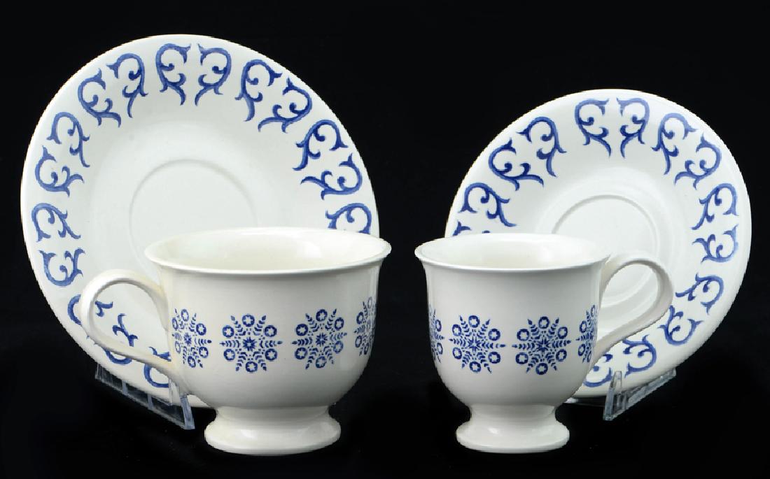 Zeisel Schmid Stratford Cups & Saucers: Eva Zeisel, a Cup and Saucer and an After-Dinner Cup and Saucer, Stratford pattern decoration, Schmid Ironstone, NKT Schmid, Matto City, Japan, 1964. Ironstone with matte glaze. The cups stamped Japan