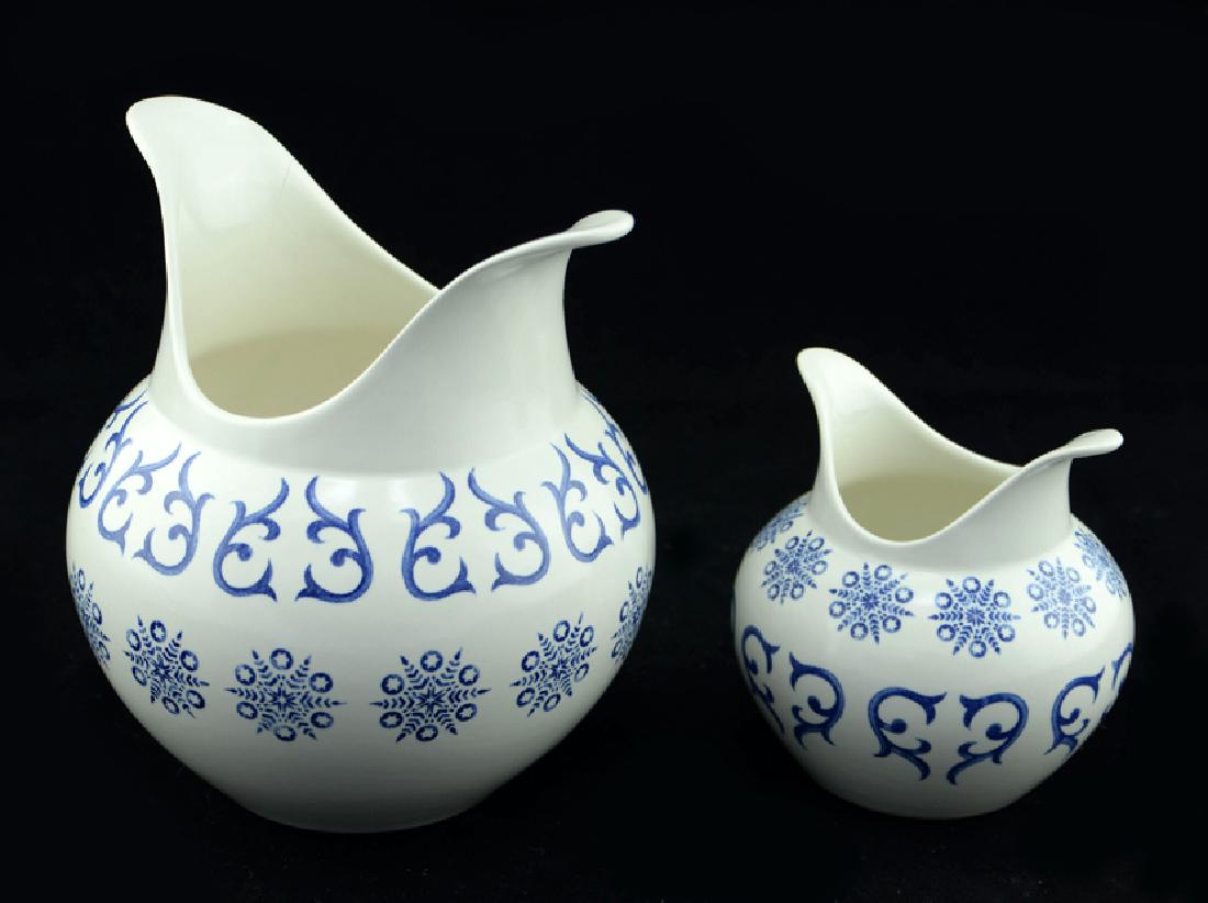 2 Zeisel Schmid Stratford Serving Items: Eva Zeisel, After-Dinner Sugar and a Gravy Server, Stratford pattern decoration, Schmid Ironstone, NKT Schmid, Matto City, Japan, 1964. Ironstone with matte glaze. Standard black mark on undersides. H