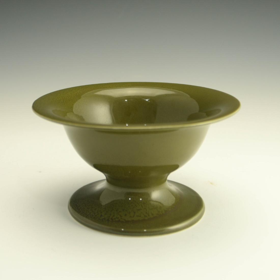 Rare Zeisel Hyalyn Olive Compote/Soup Bowl: Eva Zeisel, a rare Small Footed Compote or Soup Bowl in Olive glaze, High Fashion, Hyalyn Porcelain, Hickory, NC, 1964. Z 33 and USA molded in paste on underside. Porcelain. Height: 3 1/2 in. (9 cm);