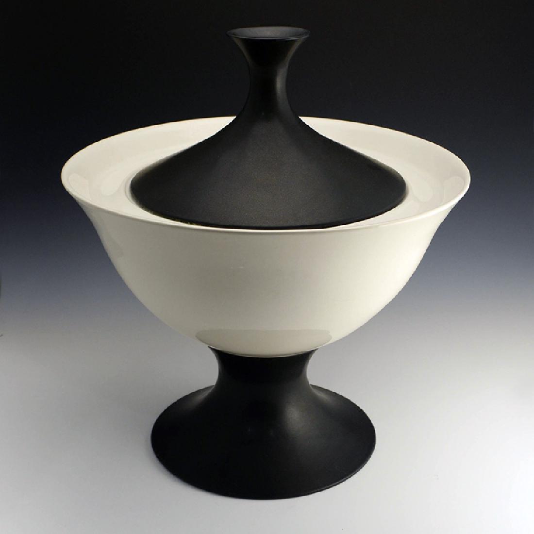 Very Rare Zeisel Hyalyn B&W Large Tureen: Eva Zeisel, an extremely rare large Covered Tureen in clear and matte black glaze, the lid also Serving as a tazza for serving, High Fashion, Hyalyn Porcelain, Hickory, NC, 1964. Porcelain. Height: 16