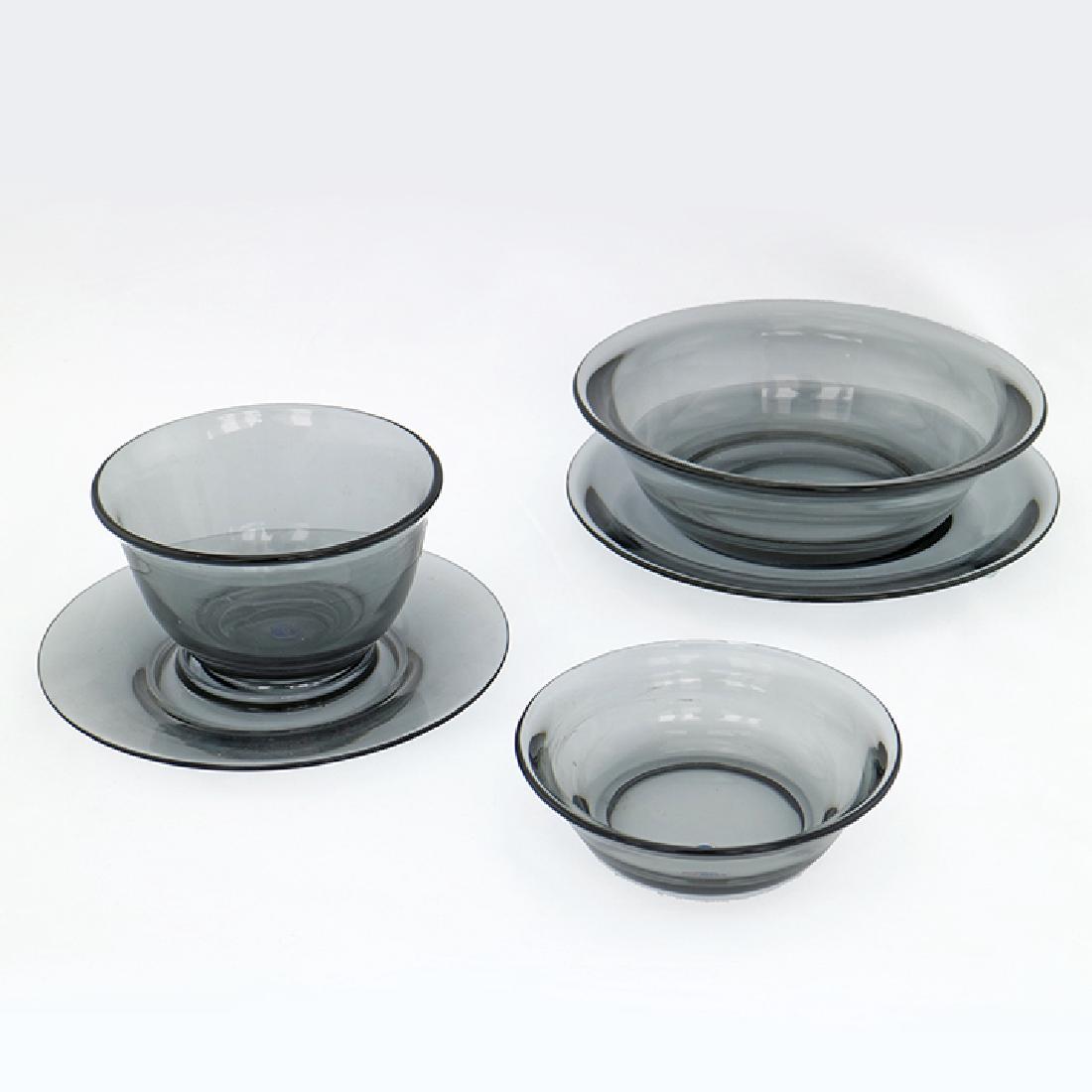 Zeisel Heisey Glass Town & Country Pieces: Eva Zeisel, a group of rare items from the Town & Country line for Heisey comprising small and medium Flared Nappies (a dish for fruit or candy), a Luncheon Plate, and a Mayonnaise Bowl with Underplat