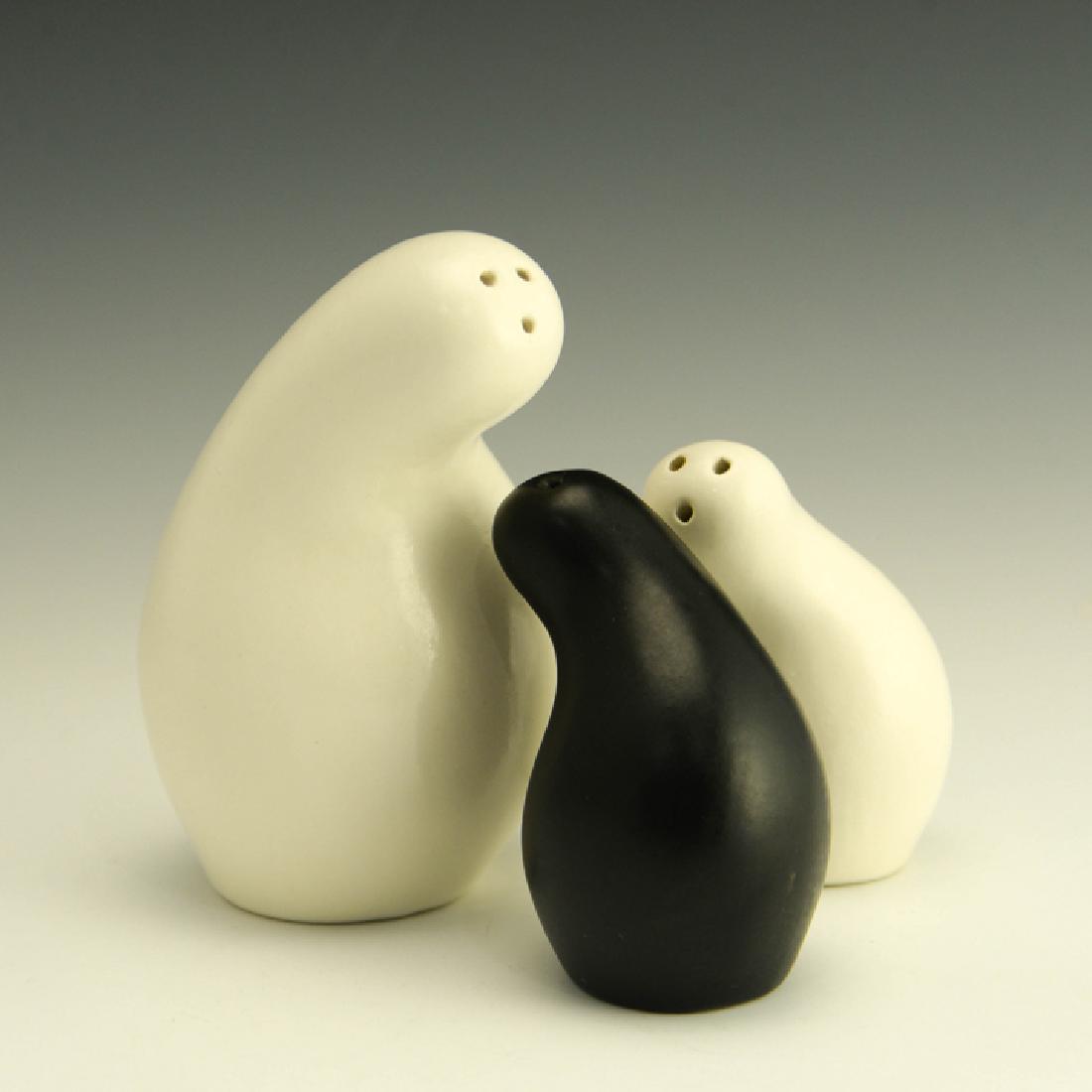 Zeisel OC Shmoo Pepper & 2 Salts: Eva Zeisel, a Pepper Shaker and two Salt Shakers based on designs originally made for Red Wing Potteries, stamped EZ on underside, World of Ceramics, Morganton, North Carolina for Orange Chicken Galle