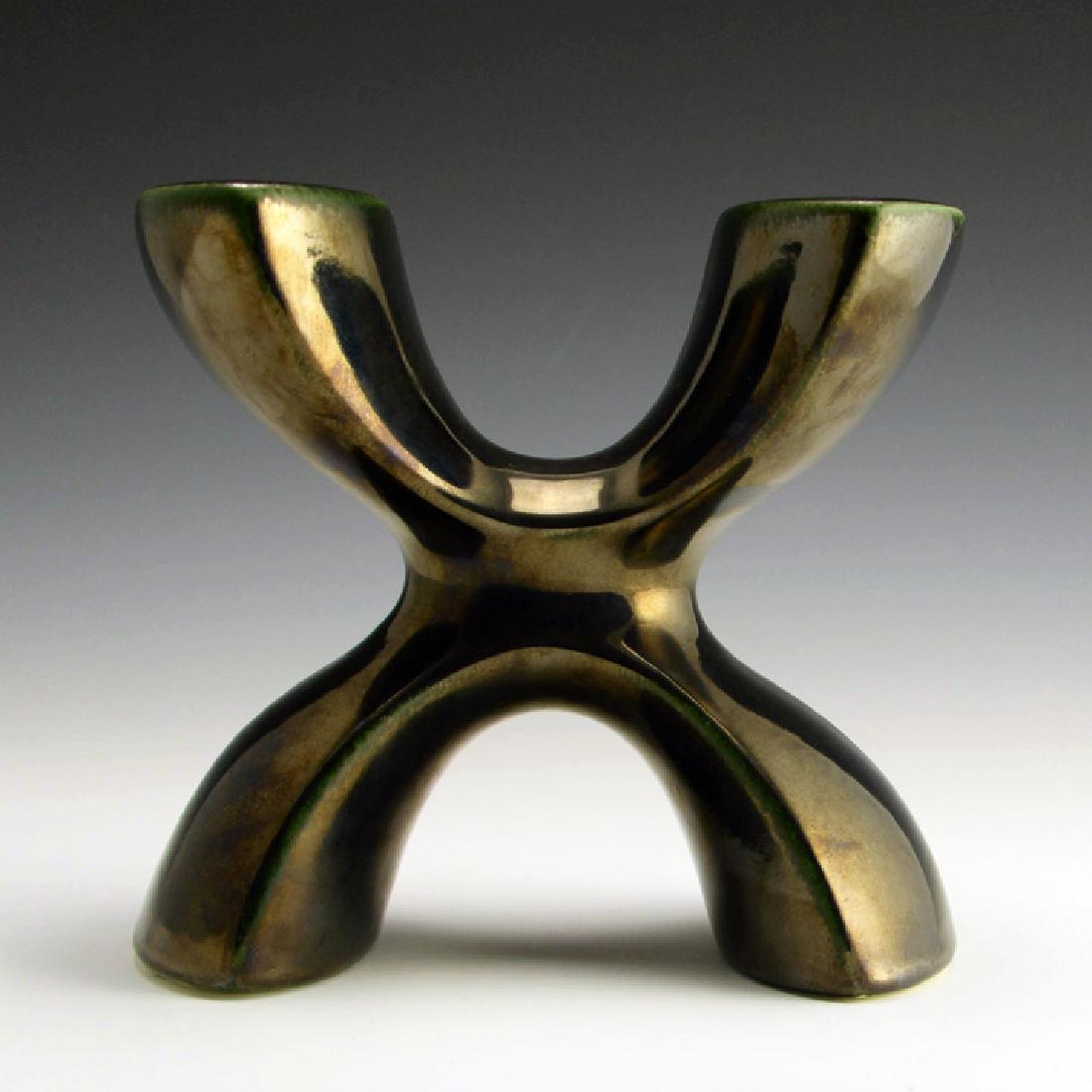 Zeisel OC Lacey-X Candelabrum (1997): Eva Zeisel, a rare Lacey-X candelabrum based on a 1958 design for Manifattura Mancioli, stamped EZ 97 on the underside, World of Ceramics for the Orange Chicken Gallery, Morganton, North Carolina, 199