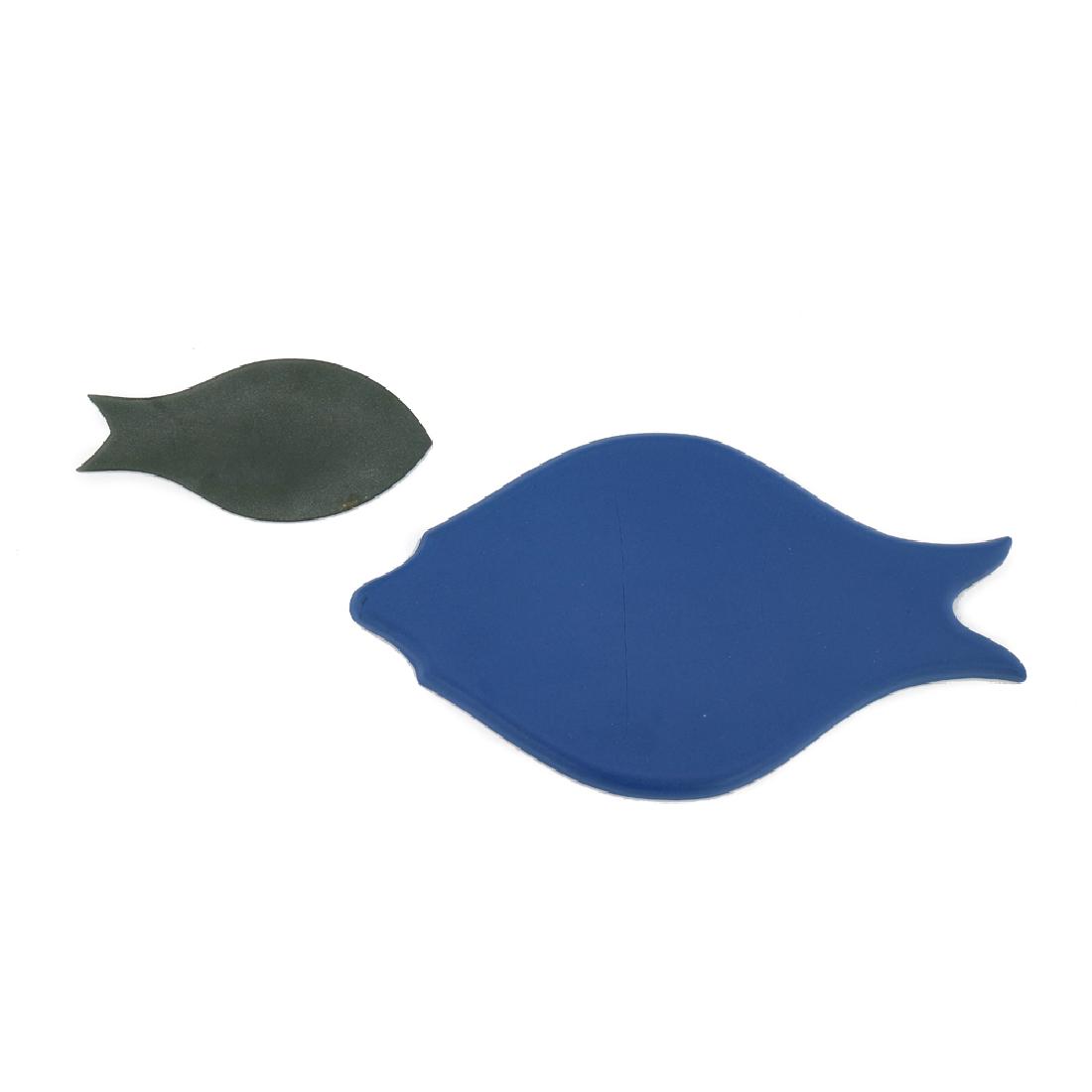 2 Zeisel OC Water Jet Fish Tiles: Eva Zeisel, an experimental Water Jet Fish Tile and an experimental acrylic fish-form tile, the underside of the ceramic piece engraved EZ OC 99 sample, by Bret Bortner for the Orange Chicken Gallery,