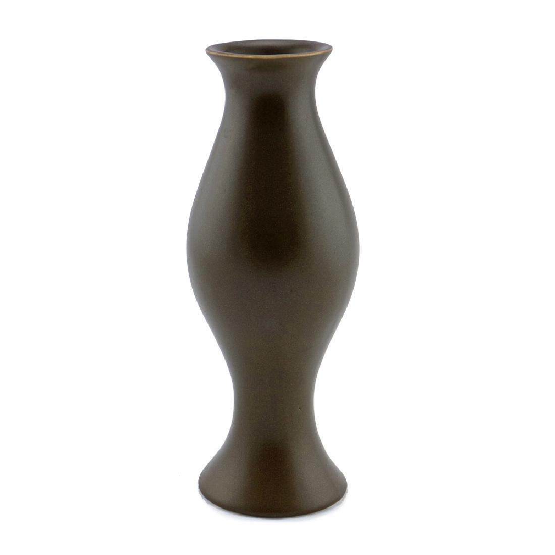 Unique Zeisel KleinReid Upright Vase in Sepia: Eva Zeisel with KleinReid, a unique Medium Upright Vase in an experimental sepia glaze, KleinReid, 2002. Porcelain with satin glaze. The underside impressed with a facsimile signature Eva Zeisel and K