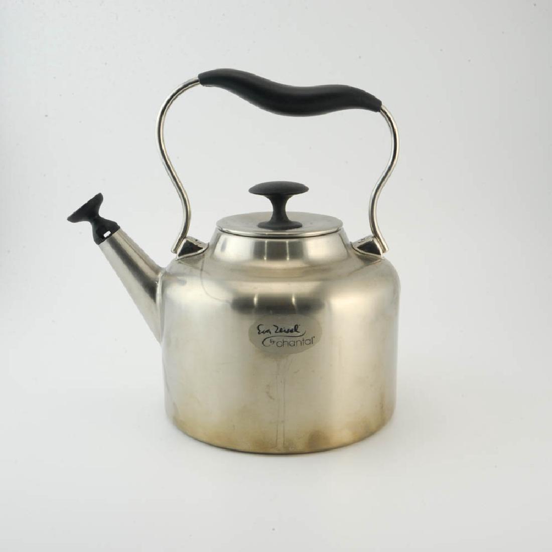 Zeisel Limited Ed Chantal Stainless Steel Kettle: Eva Zeisel limited edition EVA Teakettle for Chantal, Houston, Texas, no. 123 of 550, 2006. 1.8 quart/1.7 liter. Brushed stainless steel with silicon handle. “Uniquely curved ergonomic handle with s