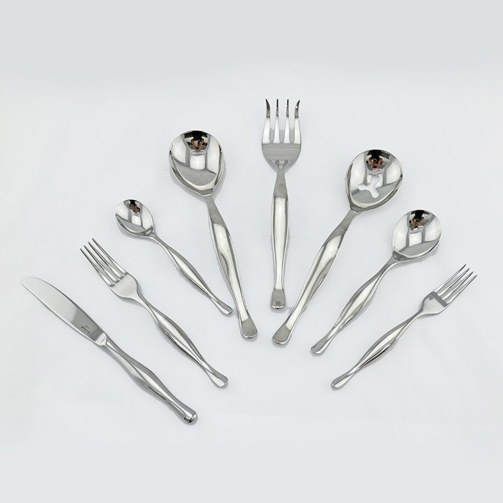 Zeisel Eva Steel Flat- and Serveware (2013): Eva Zeisel, Eva flatware and serveware comprising four Knives, four Salad Forks, four Dinner Forks, four Soup Spoons, four Teaspoons, a Serving Spoon, a Serving Fork, and a Slotted Serving Spoon, Yama