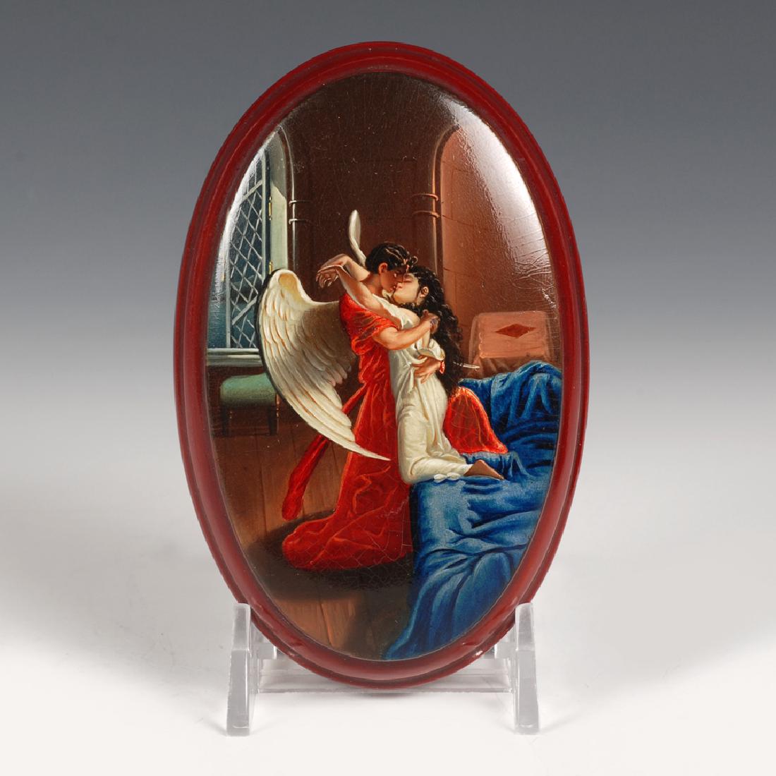 Unusual Lukutin lacquer box after Zichy: An unusual Russian lacquer box painted after Mihaly Zichy's illustration of Mikhail Lermontov's poem Demon, Lukutin Manufactory, circa 1888-1902. Of oval form with stepped footed base and fitted lid, 