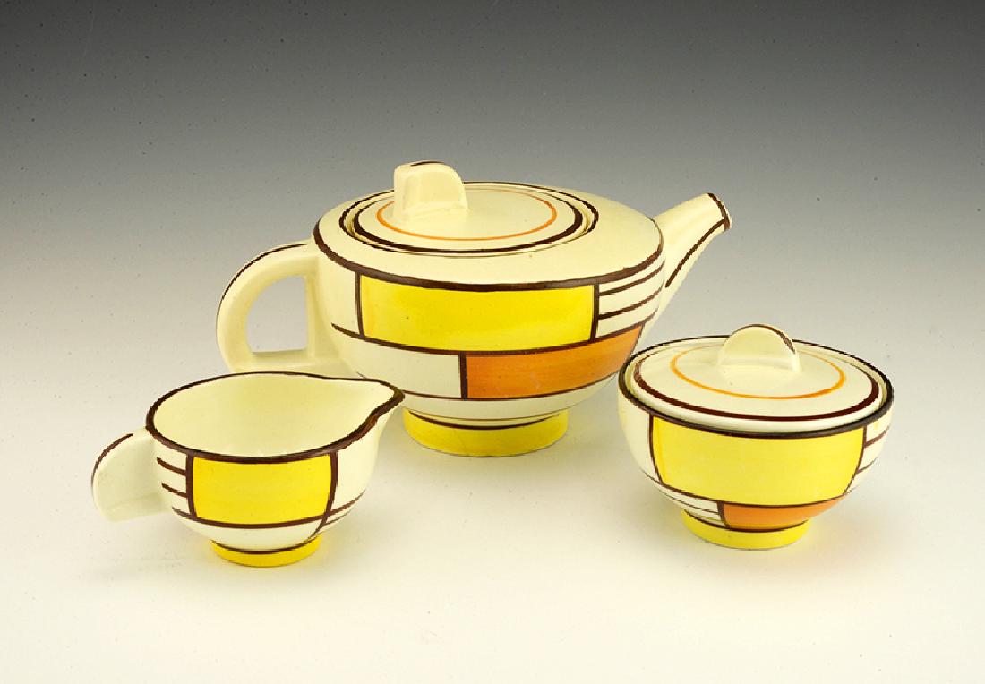 Eva Zeisel, a Schramberg part Tea Set, ca1929-35: Eva Zeisel, a Schramberg part Tea Set comprising a small Teapot with lid (model 3266), Creamer (model 3267), and a lidded Sugar (model 3268), Schramberger Majolika-Fabrik, Schramberg, Germany, circa 1
