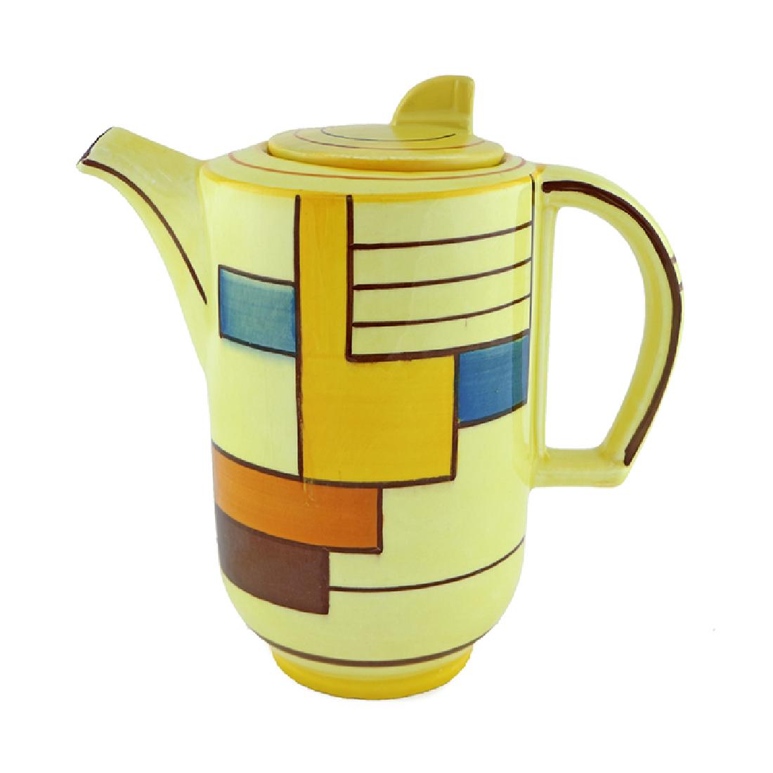 Eva Zeisel, a Schramberg Teapot, ca1929-35: Eva Zeisel, a lidded Coffee Pot (model 3269), Schramberger Majolika-Fabrik, Schramberg, Germany, circa 1929-35. Decor: 3526 (later nicknamed Mondrian). Height of Coffee Pot: 8 1/2 in. (21.6 cm); lengt