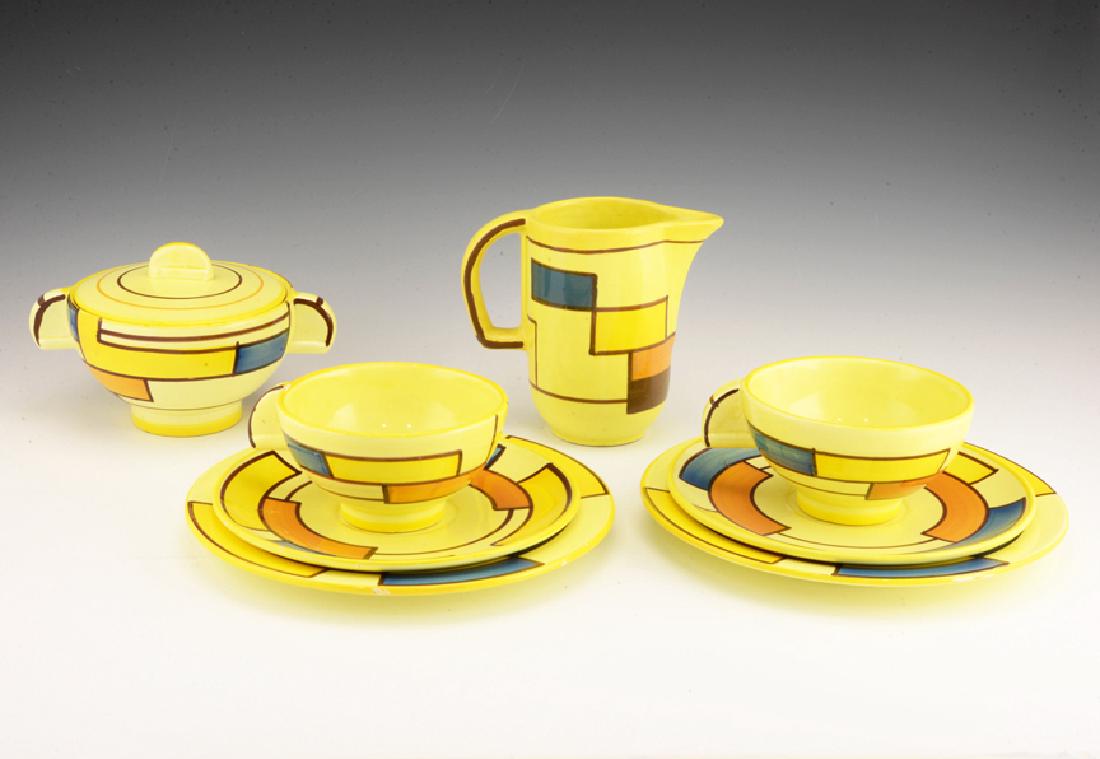 Eva Zeisel, a Schramberg part Tea Set, ca1929-35: Eva Zeisel, a part Tea Service comprising a Sugar with lid (model 3213), two Cups and Saucers (model 3214), two Dessert Plates (model 3003), and a Creamer (model 3290), Schramberger Majolika-Fabrik, S