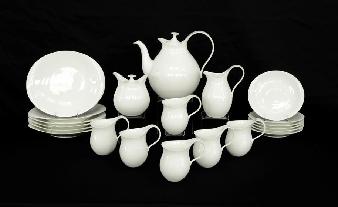 Rare Zeisel Lomonosov Talisman Tea Service: Eva Zeisel, a rare Talisman Tea Service comprising a Teapot with cover, Creamer, Sugar Bowl with cover, six teacups, six saucers, and six plates, Lomonosov Porcelain Factory, 2000-2003. Bone china. He
