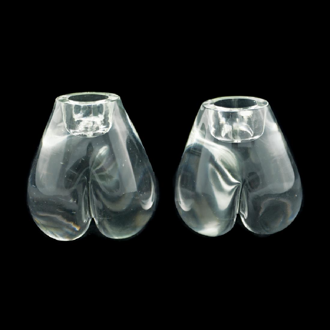 Rare Pair of Zeisel OC Glass Candleholders: Eva Zeisel, an extremely rare pair of Babies Bottoms Candleholders, both with E. Zeisel engraved near base, one with 1 Prod . (?) engraved opposite, Urban Glass Atelier, Brooklyn, New York, for the Or