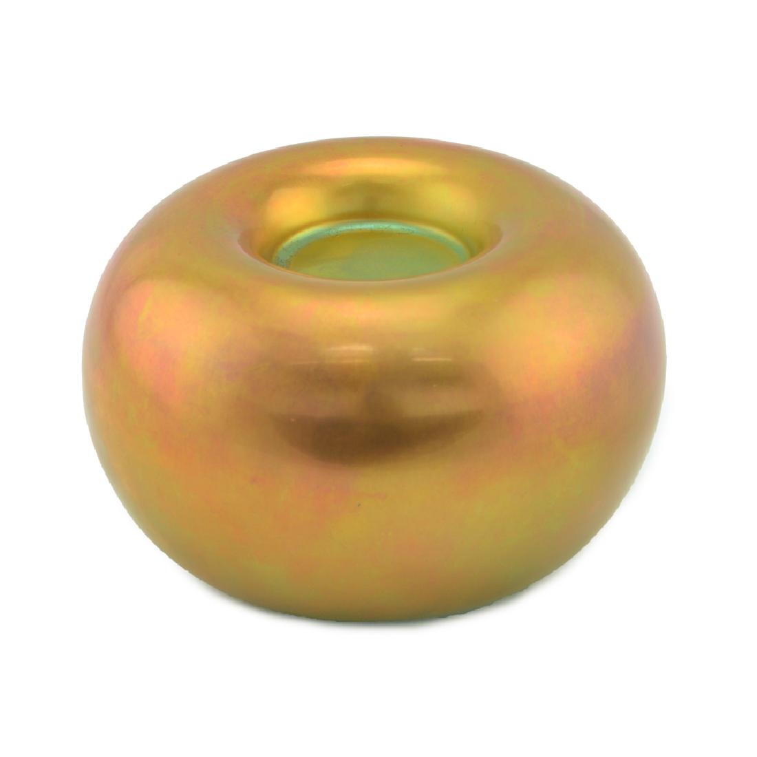 Zeisel Zsolnay Eosin Candleholder (1983/1999): Eva Zeisel, a cushion-form Candleholder, designed 1983, the underside stamped with the factory's mark and Eva Zeisel, also with "1st Ed 99 OC" [i.e., First Edition 1999 Orange Chicken] in silver-white