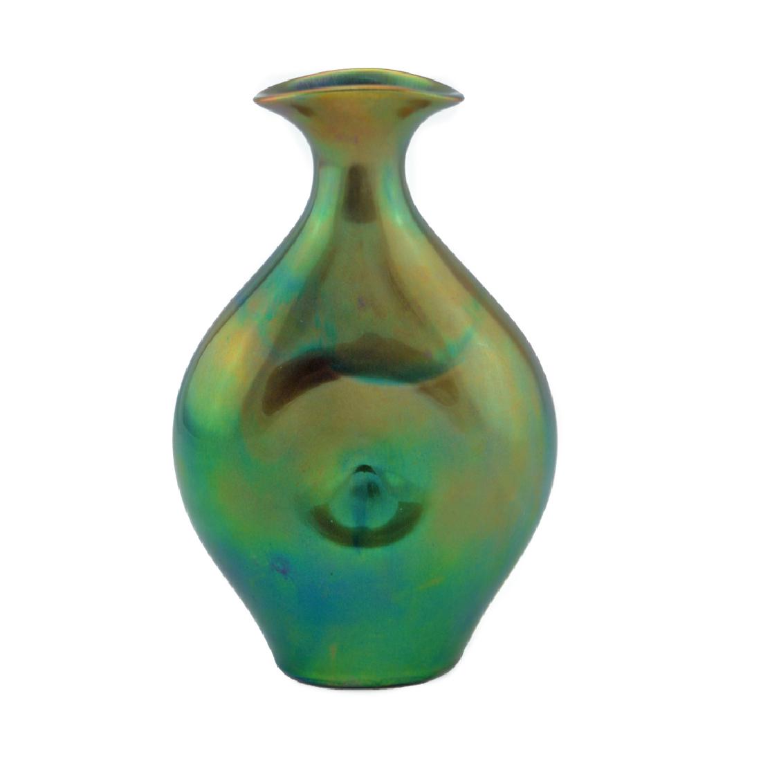 Zeisel Zsolnay Eosin Bellybutton Vase (1983/1999): Eva Zeisel, a Belly-Button Vase, designed 1983, the underside stamped with the factory's mark and Eva Zeisel, produced by Zsolnay Porcelanmanufaktura, Pecs, Hungary, for the Orange Chicken Gallery, 19