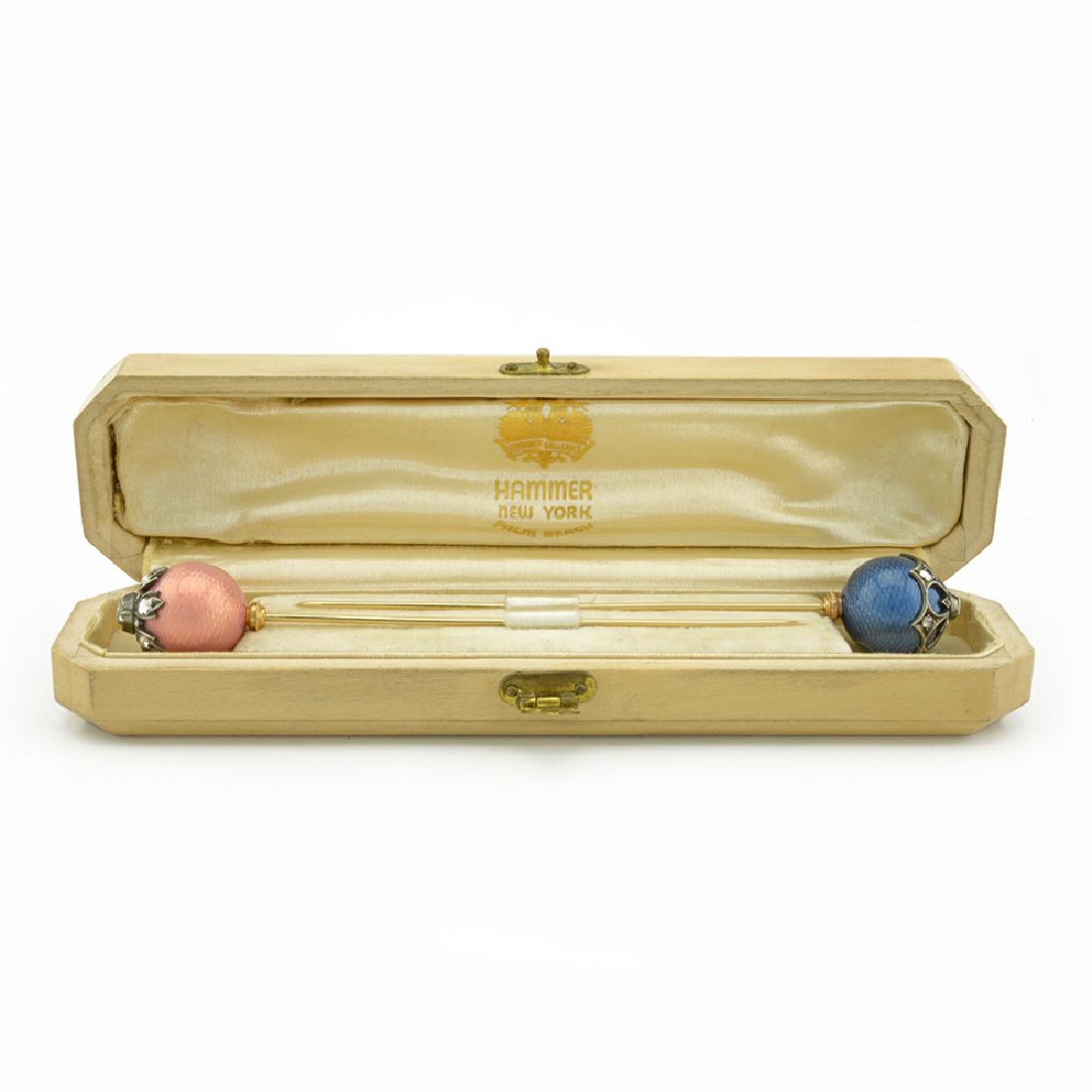 Pair Russian gold & diamond enamel hatpins (1 of 10)