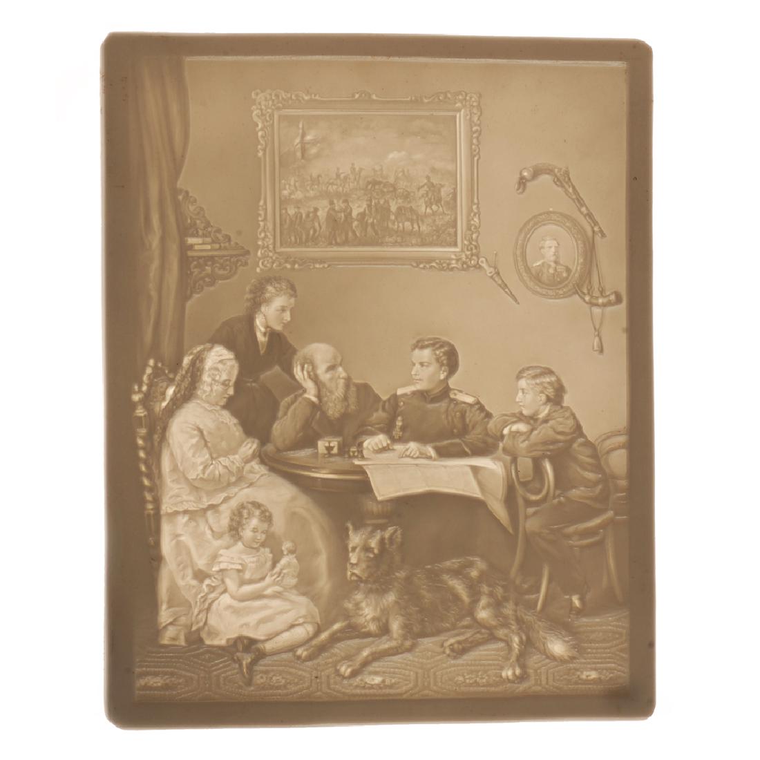 KPM lithophane of a family: A German porcelain lithophane plaque, Konigliche Porzellan Manufaktur, Berlin, circa 1850. The lithophane depicting a genre scene of a family group gathered around a table; a grandmother at left is en