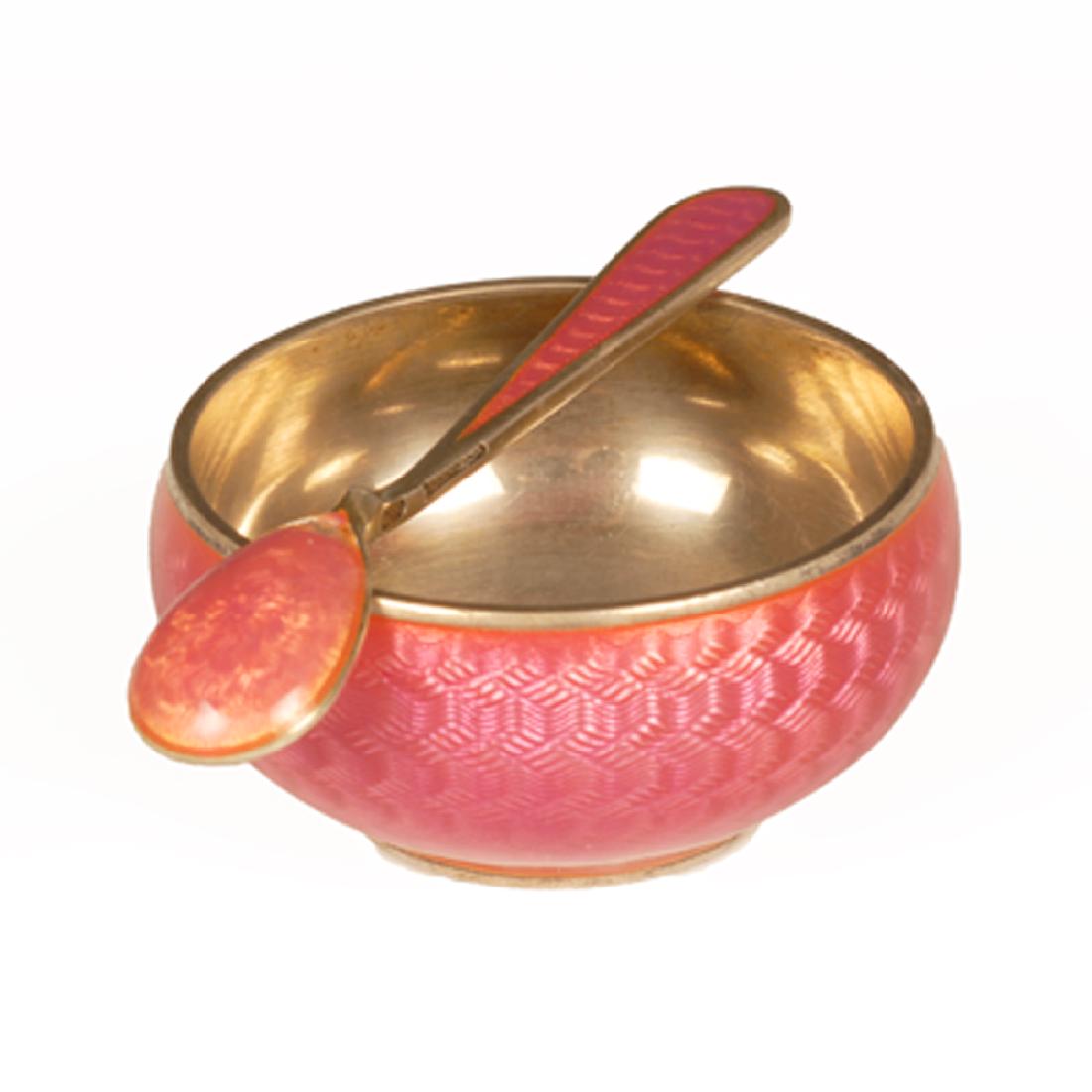 Russian Grachev silver and enamel open salt w/spoon: A Russian silver gilt and guilloche enamel open salt with matching spoon, Grachev, St. Petersburg, circa 1899-1903. Of circular form, the exterior of the body enameled in a raspberry pink translucent