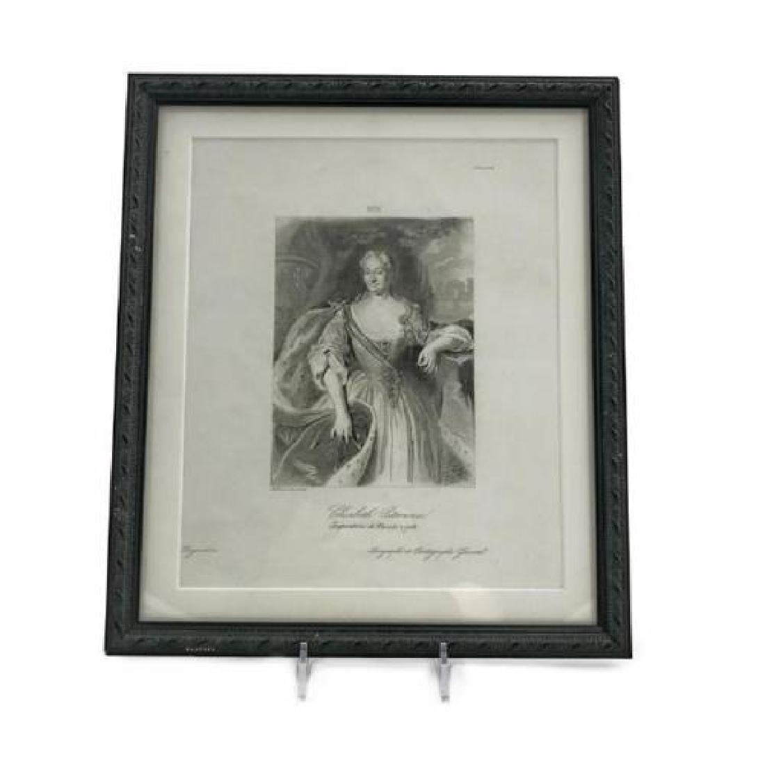 A Framed Etching of Russian Empress Elizabeth Petrovna: An antique etching of Elizabeth (Elizaveta) Petrovna by artist Dejardins, printed by Charles Gavard, 1838-1845. Title inscribed in French Elisabeth Petrowna, Imperatrice de Russie, 1762 / Tableau de 