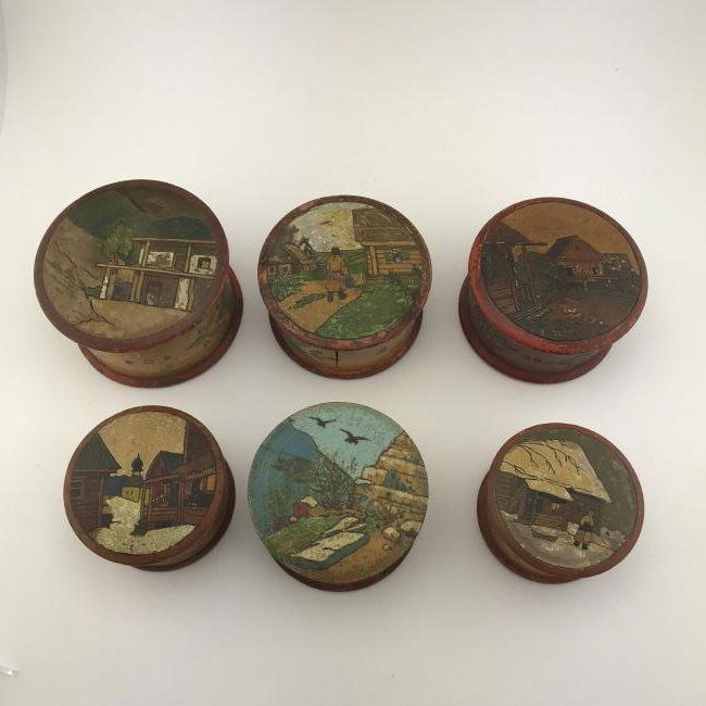 Group of 6 Antique Russian Folk Art Round Wooden Boxes (1 of 3)