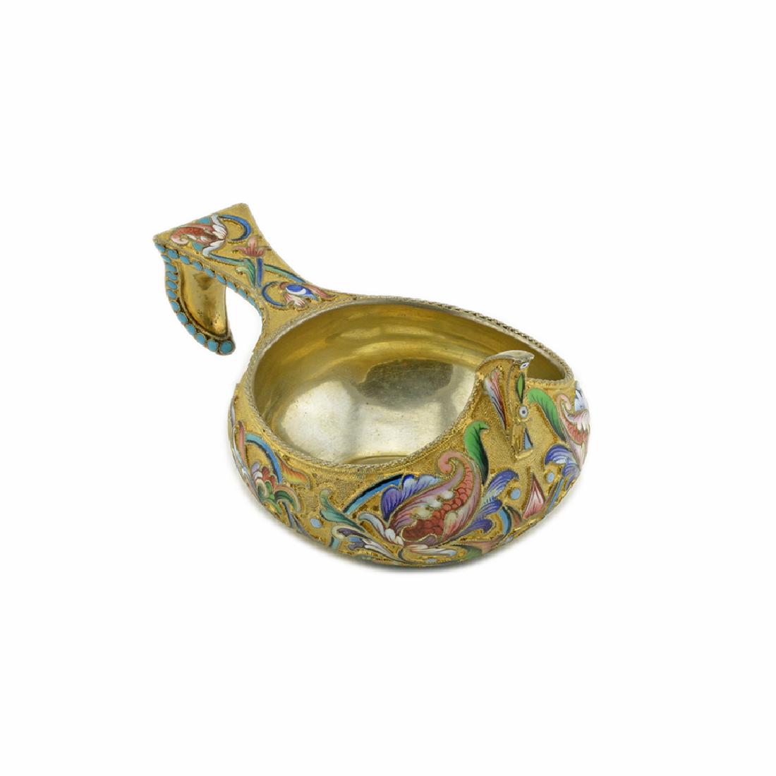 Antique Russian Maria Semenova Enamel Kovsh: A Russian silver gilt and shaded cloisonne enamel kovsh, Maria Semenova, Moscow, circa 1896-1908. Of traditional form with hook handle, the kovsh decorated with multi-color scrolling floral and foliat