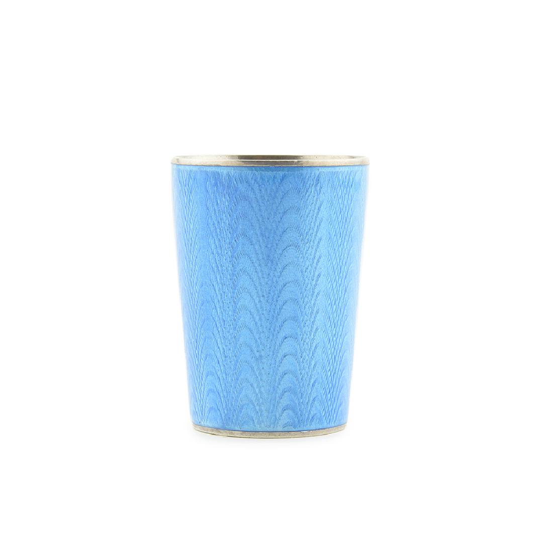 A Russian silver gilt and guilloche enamel beaker: A Russian silver gilt and guilloche enamel beaker, Grachev Brothers, St. Petersburg, 1899-1904. Of tapering form enameled translucent cerulean blue over a wavy engine turned ground, gilt interior. Str