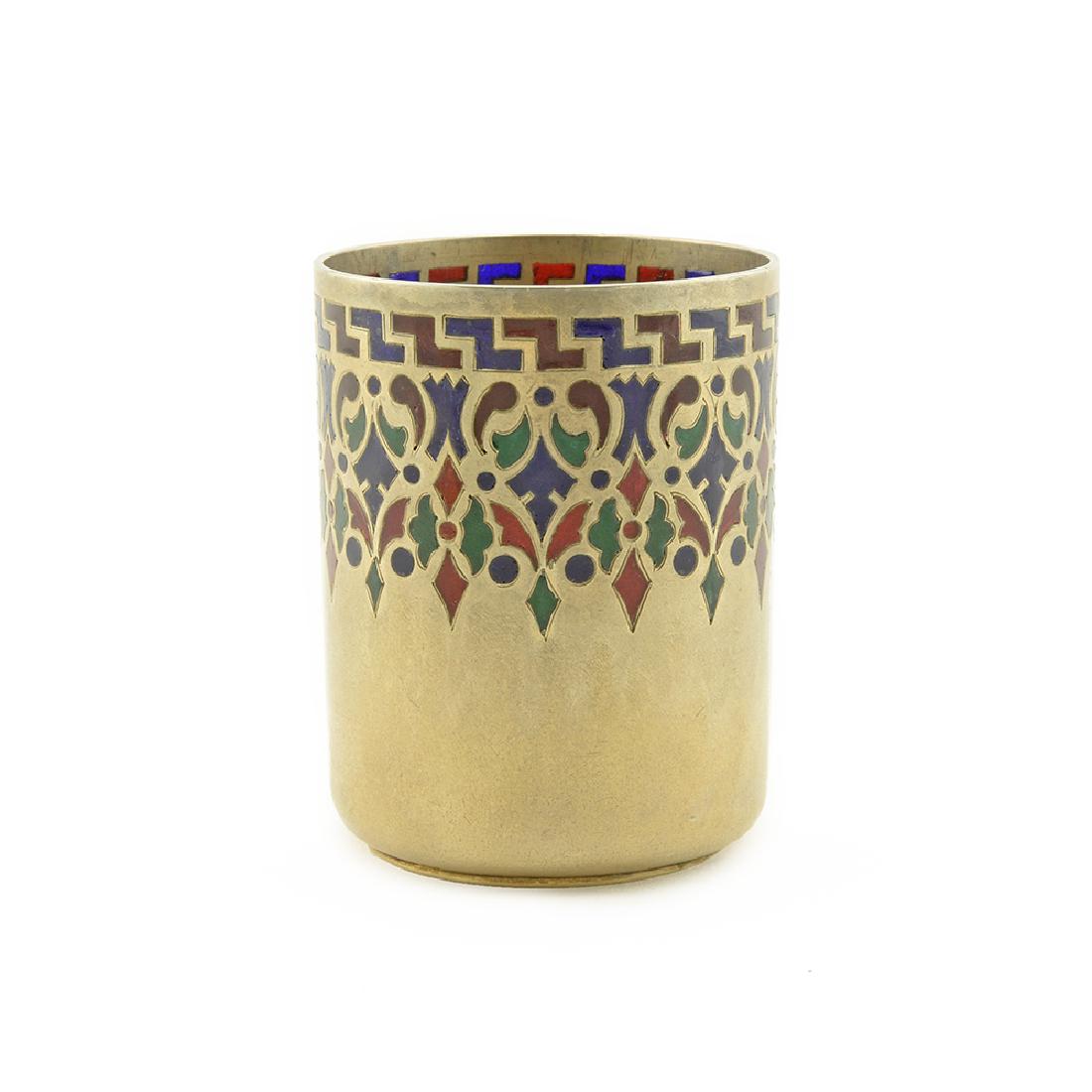 Russian Silver and Plique-a-jour Enamel Beaker Cup: A Russian gilded silver and plique-a-jour enamel beaker or shot glass, Timothy Hesketh, St. Petersburg, 1887. This heavy beaker decorated with floral and geometric ornament in translucent royal blue, 