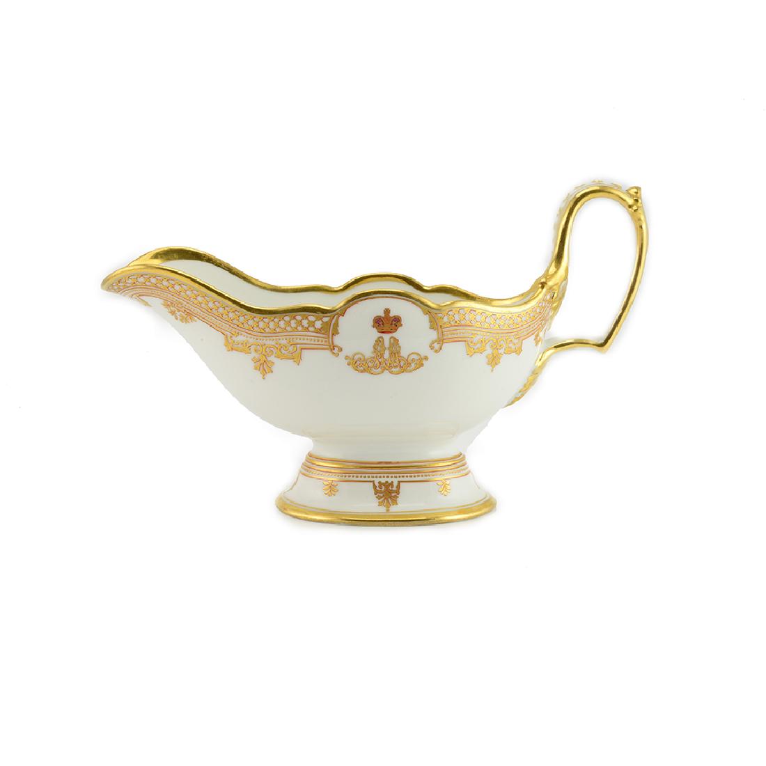 Grand Duke Alexander Banquet Service Porcelain Gravy: An antique Russian porcelain sauce dish from the Banquet Service of Grand Duke Alexander Alexandrovich, Kornilov Brothers Manufactory, circa 1861-1884. The oval sauce dish or gravy boat raised on an