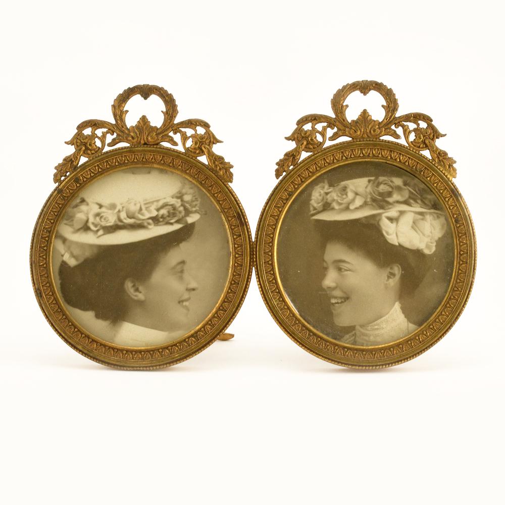 2 Photos Grand Duchess Olga, Grand Duchess Xenia: A Pair of Photographs of Grand Duchess Olga Alexandrovna & Grand Duchess Xenia in gilt metal brass double frame Dimensions: 2 7/8 h x 4 1/2 (7.3 x 11.4 cm)
