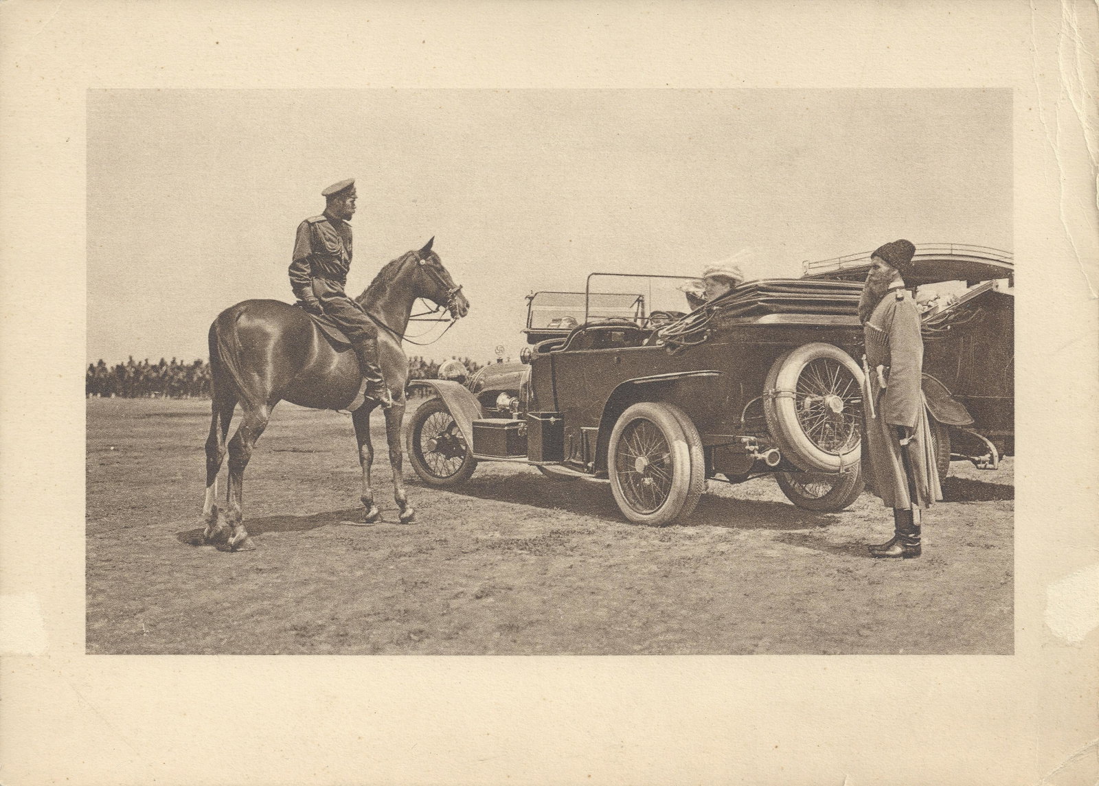 Print Tsar Nicholas II on Horse with Car: Print Tsar Nicholas II on Horse with Car Dimensions: Photo 4 1/4 h x 6 7/8 (10.7 x 17.5 cm) Card 5 7/8 x 8 1/4 (15 X 20.9 cm)