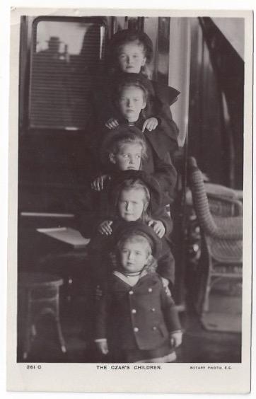 Postcard of Tsar Nicholas II 5 children on yacht: Post Card Photo of Nicholas II's 5 children on yacht Olga, Tatiana, Maria, Anastasia, and Alexei. Dimensions: 3 1/2 x 5 7/16
