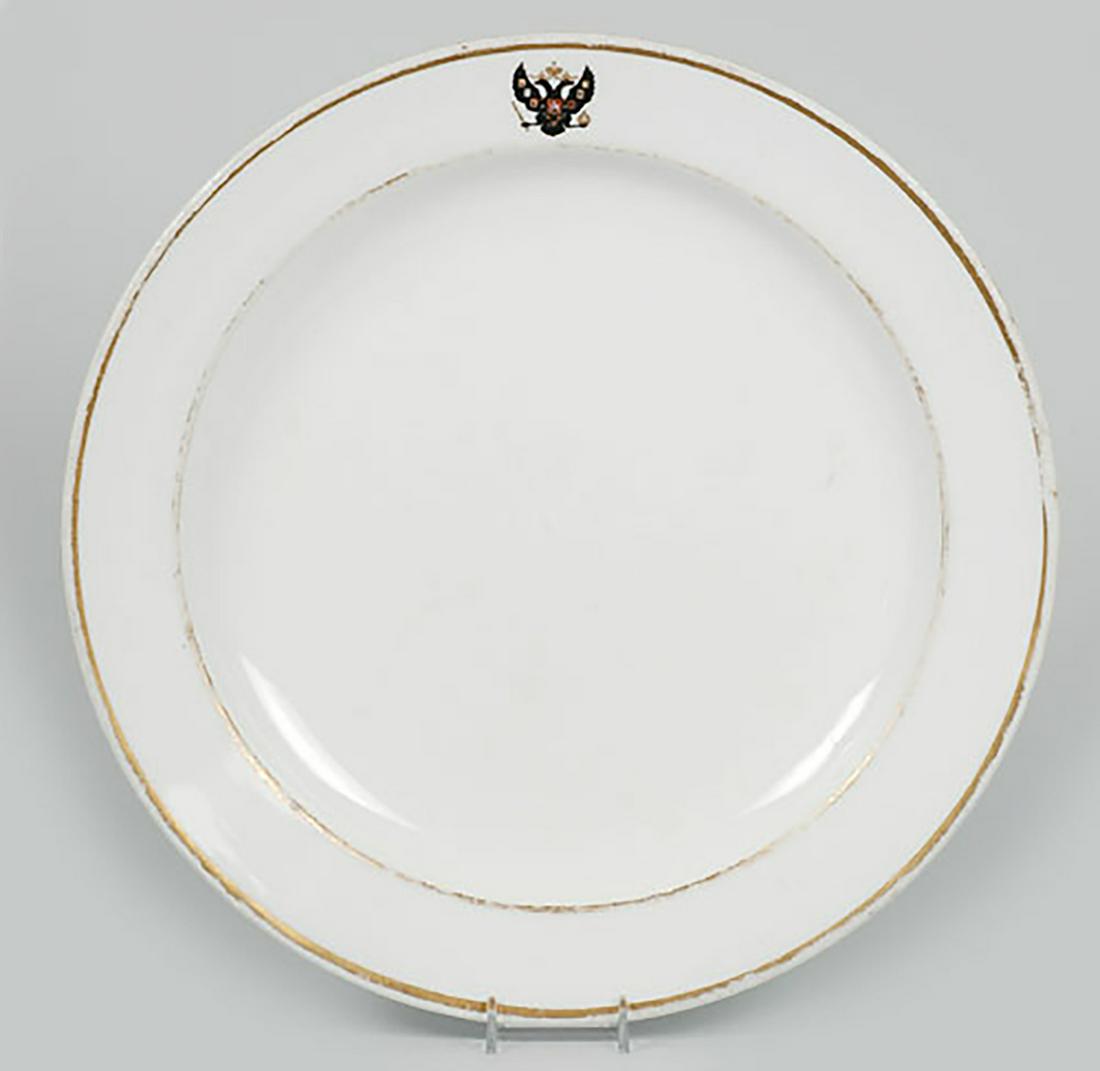 Russian Porcelain Charger from Winter Palace Service: A Russian porcelain charger from the Winter Palace Service, made by the Imperial Porcelain Factory in ST Petersburg, Nicholas I period. The translucent white body is centered with the Russian crowned 