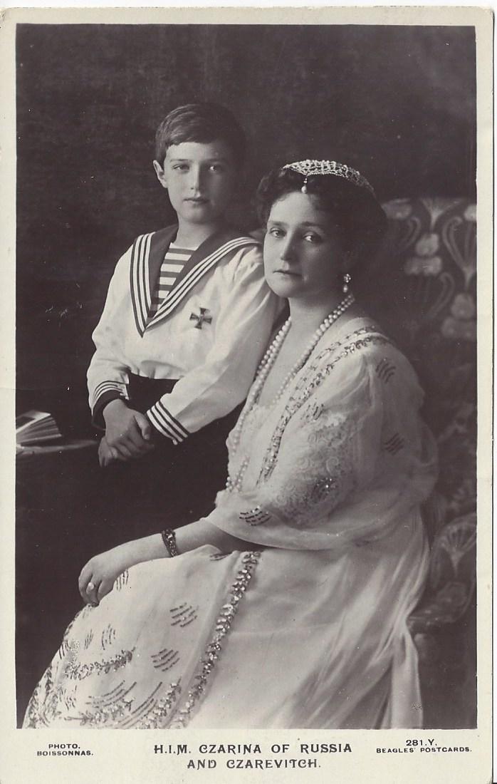 Postcard Empress Alexandra Feodorovna and son: British photo postcard with Empress Alexandra Feodorovna and Tsarevich Alexei Alexandra Feodorovnater Boissonas, printed by J. Beagles Dimensions: 3 1/2 x 5 1/2