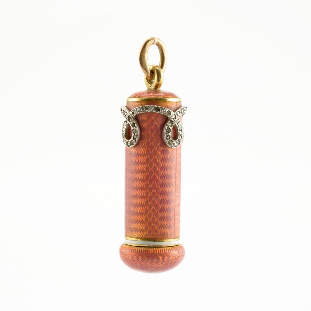 Russian diamond, gold & enamel retractable pencil: A Russian diamond-set gold & guilloché enamel retractable pencil, wearable as a pendant, A. Kaushe, St. Petersburg, 1899-1904. The cylindrical body enameled rose pink over a wavy, engine-turned groun