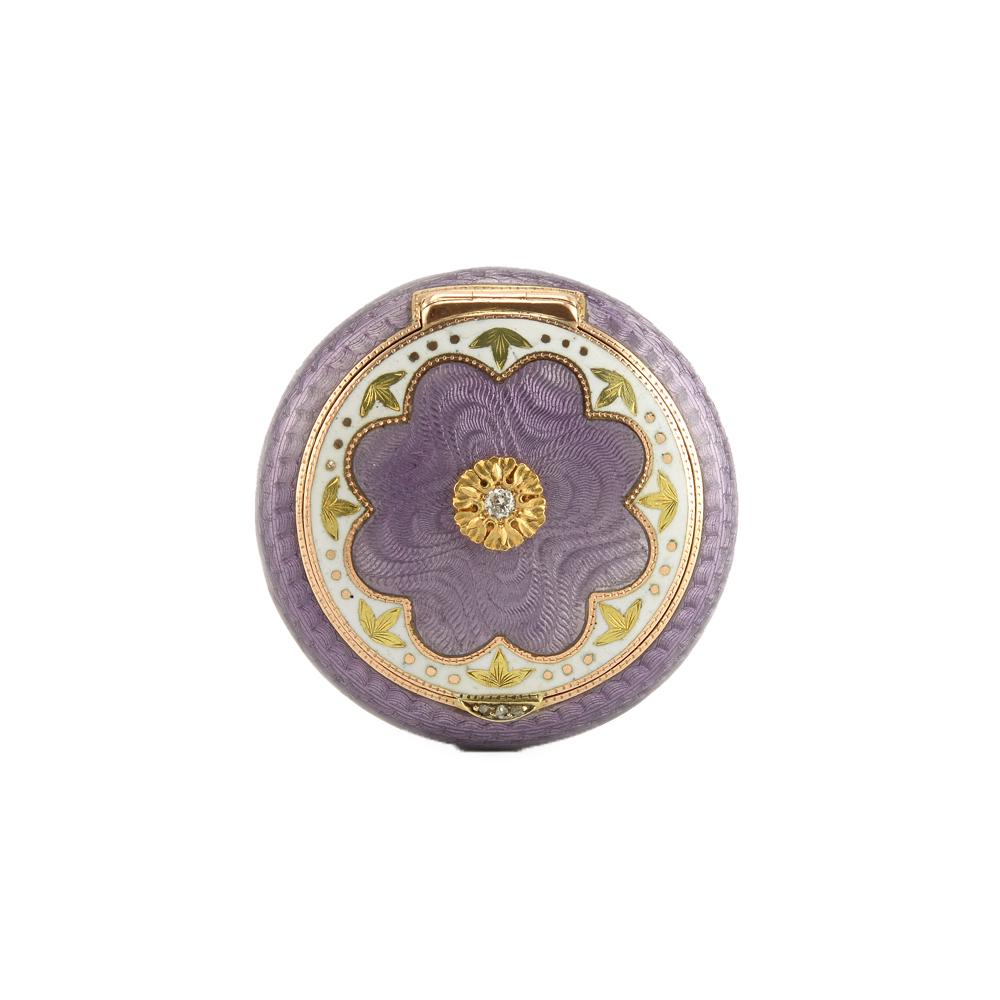Britzin Jeweled gold-mounted silver & enamel pillbox: A Russian jeweled varicolor gold-mounted gilded silver & guilloché enamel pillbox, Ivan Britzin, Saint Petersburg, 1908-1917. The hinged lid of the cushion form box centered with a rose cut diamond i