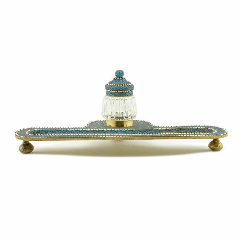 Russian Gustav Klingert Enamel Glass Inkwell: Antique Imperial Russian gilded silver and filigree enamel inkwell, Moscow, circa 1895, by Gustav Klingert. Complete with fluted glass receptacle for ink, the cap and pen tray enameled turquoise blue