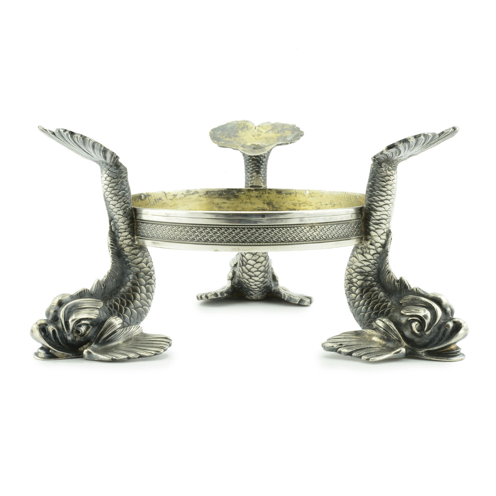 Russian Silver Base with Dolphins Gashkel and Shik: Antique Russian 84 standard Silver Base with Dolphins Gashkel and Shik. Size: 5 1/2" Diameter at base opening, 8" between tails.
