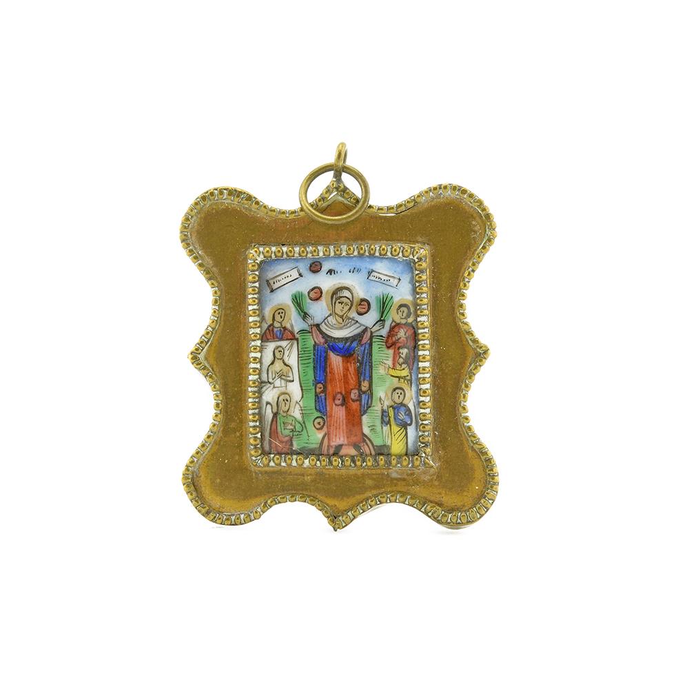 Antique Russian Finift Enamel Travel Icon: Russian Finift Enamel Travel Icon Mother of God “Joy of All Who Sorrow” with Coins, after 1888. Gilt metal. Size: 1 ½ in. h x 1 ½ in. w (not including suspension ring) (3.8 x 3.8 cm)