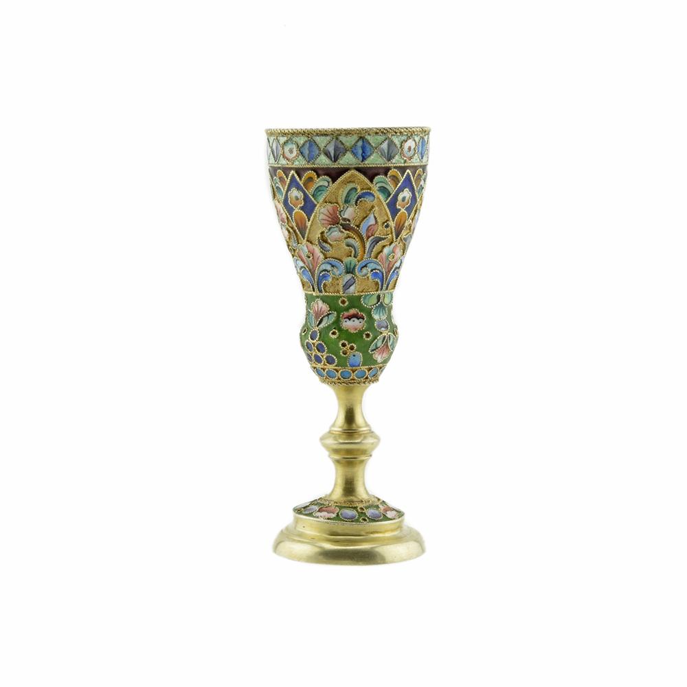 Russian silver gilt and shaded enamel cordial: Antique Russian silver gilt and shaded cloisonne enamel cordial. unkown makers mark. circa 1900. Size 3 1/2" H