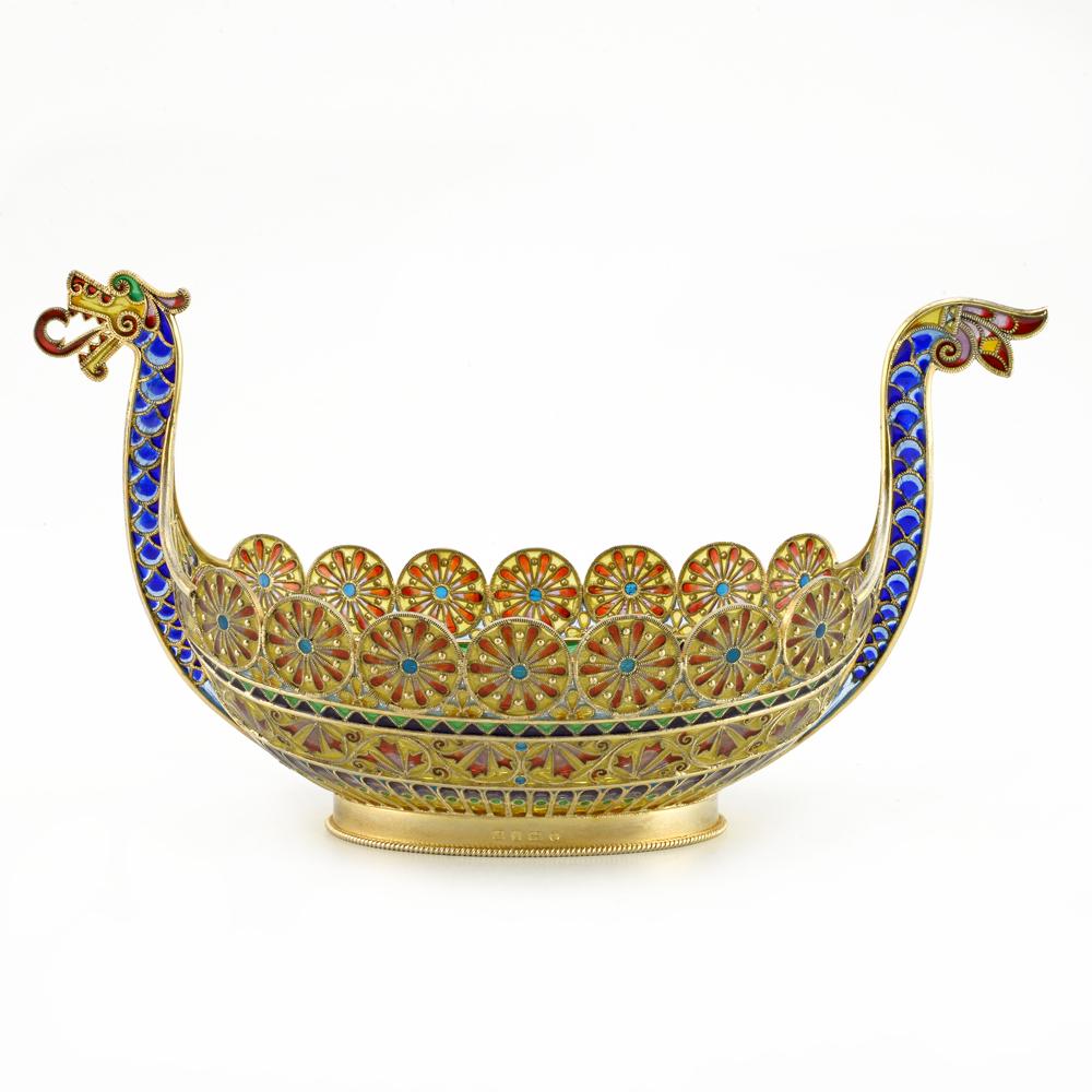 Large David Andersen plique-a-jour enamel Viking boat: A large Norwegian gilded silver and plique-a-jour enamel Viking boat bowl, David Andersen, circa 1895. Formed as a fearsome Viking longboat, the dragonâ€™s head with curling tongue in shades of b