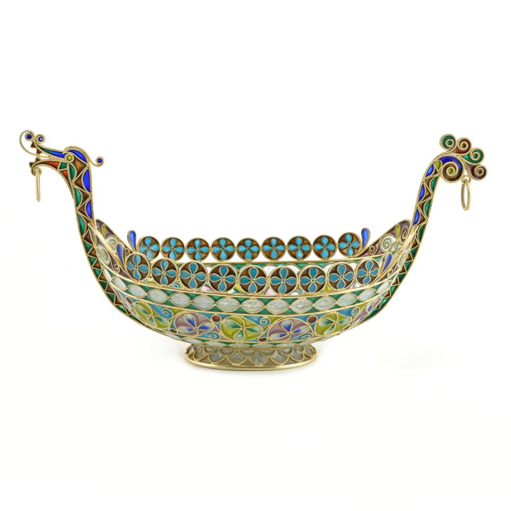 Norwegian gilded silver and plique enamel Dragon boat: A Norwegian gilded silver and plique-a-jour enamel Dragon boat bowl, circa 1900. Formed as a medieval Viking longship, the prow with a dragon head, the mouth open to reveal a curled tongue, the stern 