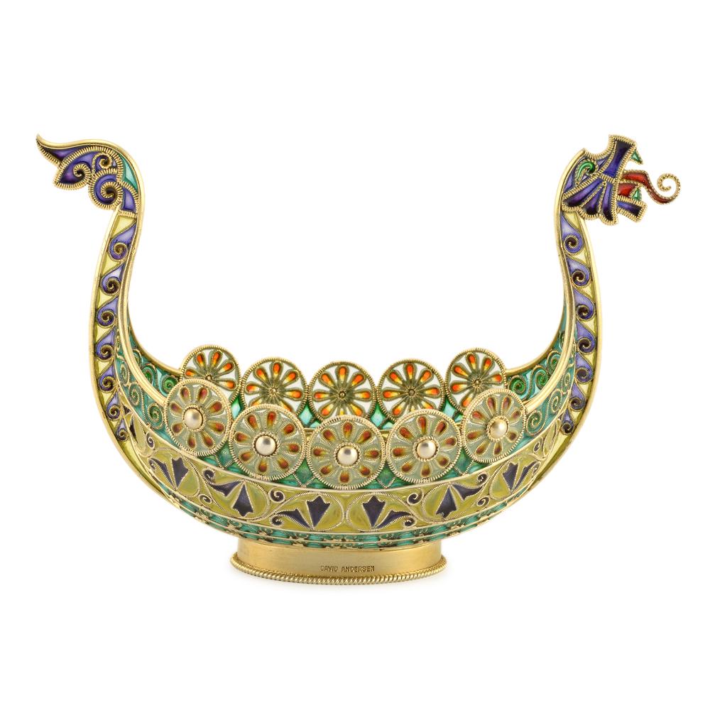 Antique Norwegian gilded silver and plique-a-jour boat: A Norwegian gilded silver and plique-a-jour enamel Viking boat, David-Andersen, probably designed by Gustav Gaudernack, Oslo, circa 1897-1900. Of traditional form, the boat decorated in translucent sh