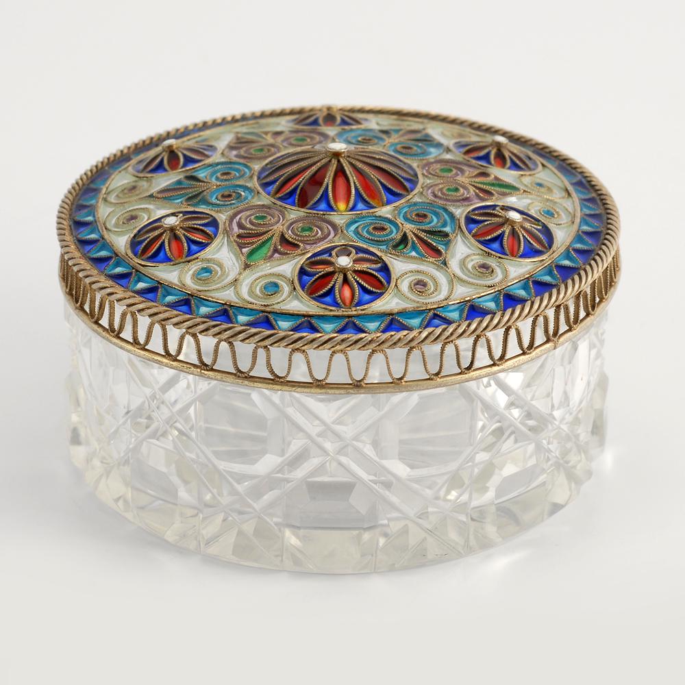 Norwegian silver and pliquel enamel lidded crystal box (1 of 3)
