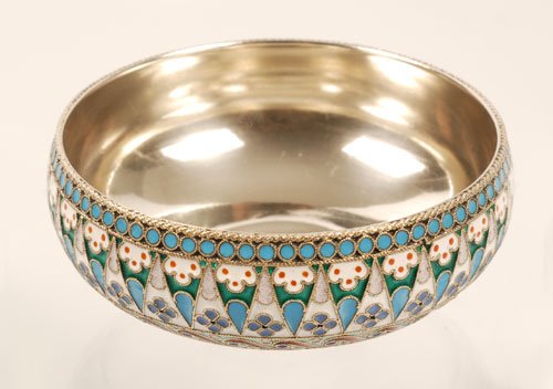 A Russian Ovchinnikov silver and enamel bowl: A Russian gilded silver and cloisonné enamel bowl, Pavel Ovchinnikov, Moscow, circa 1899-1908. The bowl decorated in a floral, geometric and scroll pattern using white, green, turquoise, and blue ena