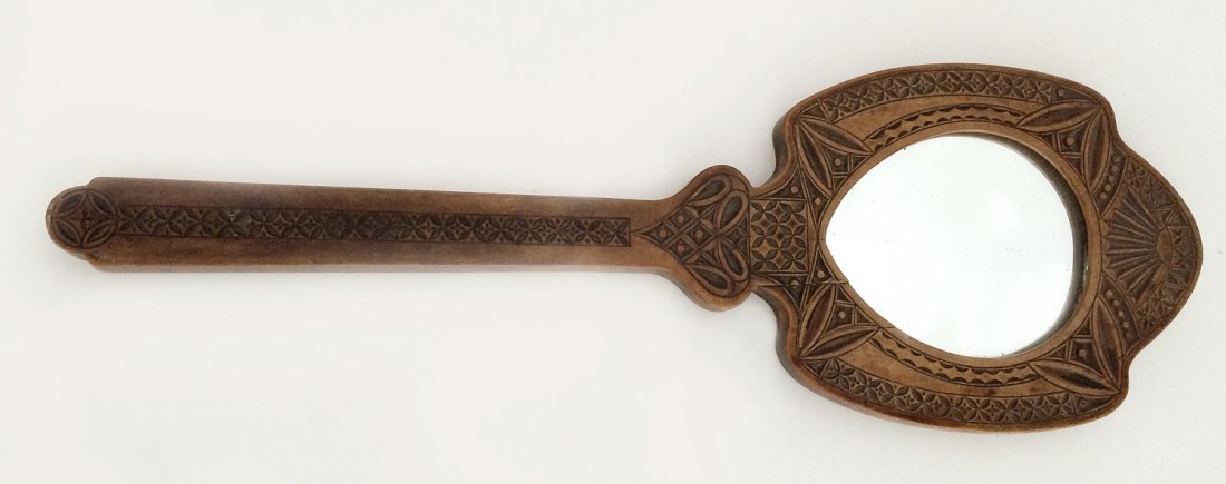 Russian kustar folk art carved wood hand mirror, c1900 (1 of 2)