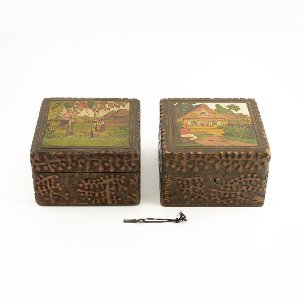 A pair of Russian kustar art jewel caskets, circa 1910 (1 of 8)