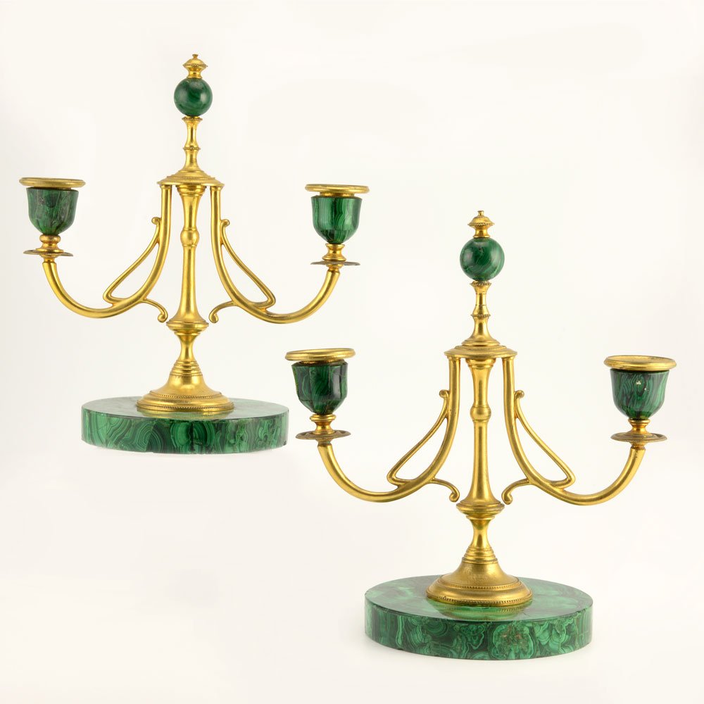 Russian gilt bronze & malachite candlesticks, ca1900 (1 of 6)